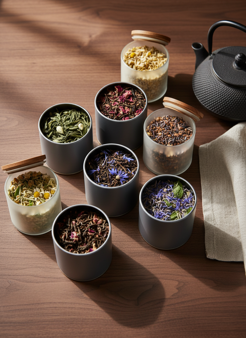 A meticulously arranged flat lay of premium loose leaf teas displayed in small, open tin canisters and matte glass jars, each revealing intricate whole tea leaves, delicate white buds, and colorful botanicals like rose petals and blue cornflower. The arrangement rests on a smooth, dark walnut tabletop beside a minimalist cast-iron teapot and a single linen napkin. Soft morning daylight streams in from the left, creating gentle highlights on the tins and subtle shadows between them. Shot from a bird’s-eye view with photographic realism and a shallow depth of field that slightly blurs the edges, the mood is calm, sophisticated, and curated, emphasizing rarity, organic quality, and careful hand-selection without including any people or text.